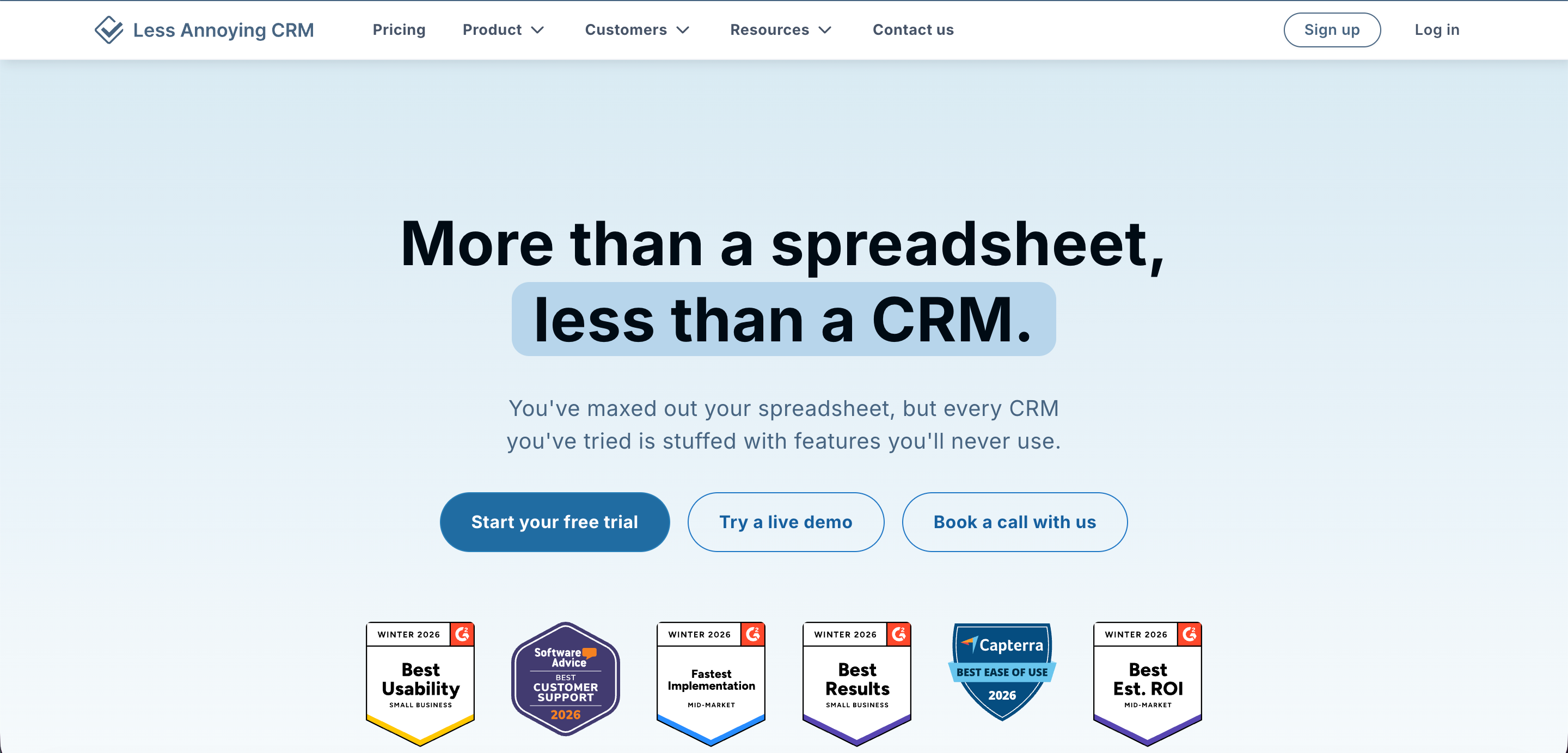 Less annoying CRM's landing page